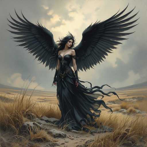 The image depicts a woman with long black hair and wings, standing on a rocky outcropping surrounded by tall grass. She is wearing a black dress that flows behind her as she moves through the field. The sky above her is filled with clouds, creating an atmospheric backdrop for the scene.