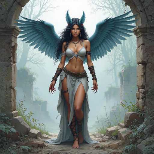 A woman with blue wings and a white dress is walking through a forest, holding a staff in her right hand.