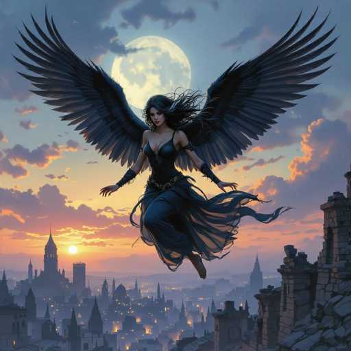 The image depicts an angel with wings spread wide and a long flowing dress, soaring through the sky above a cityscape at sunset. The city is filled with buildings of varying heights, their windows glowing warmly against the fading light of the day. The sky is painted in hues of orange and pink, serving as a stunning backdrop to this ethereal scene.