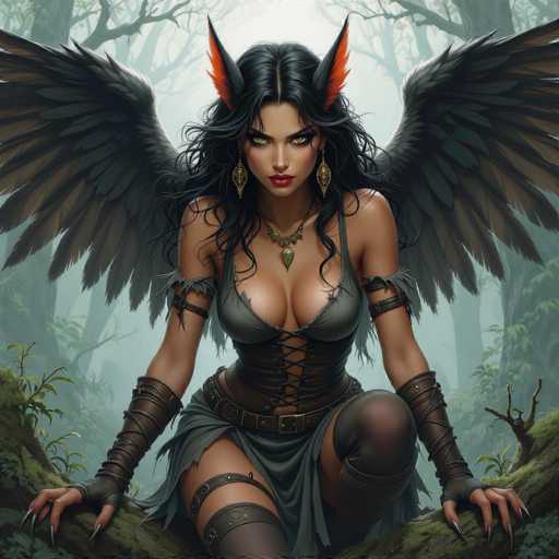 The image depicts a woman with long dark hair and large wings, dressed in black clothing that includes a skirt and stockings. She is seated on a rock or log, surrounded by trees and foliage, suggesting she might be in a forest setting. The woman's attire and the surrounding environment give off an aura of mystery and power.