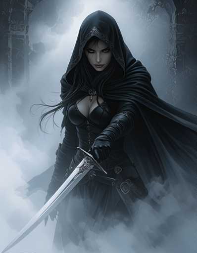 A woman with long dark hair is standing in a foggy room, wearing a black hooded cloak and holding a sword.
