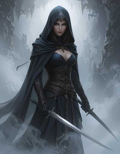 A woman with long hair and a hooded cloak stands in front of a cave, holding two swords crossed at her sides.