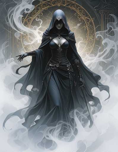 A woman with long hair and a black dress is depicted as a witch standing in front of a golden archway filled with smoke. The background features a dark blue sky with white clouds, creating an atmospheric setting for the scene.