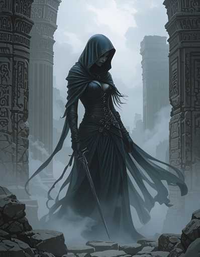 A woman dressed as a witch stands in front of a temple with columns and a large archway, holding a sword and wearing a hooded cloak.