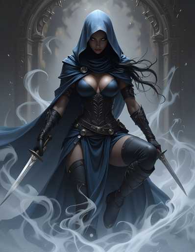 A woman with long dark hair and a blue hooded cloak is depicted holding two swords crossed at the ready, standing in front of an archway that leads into darkness.