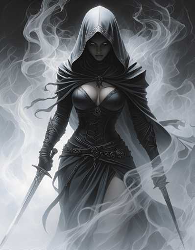 A woman with long hair and a hooded cloak stands in front of a black background filled with white smoke, holding two swords crossed over each other.
