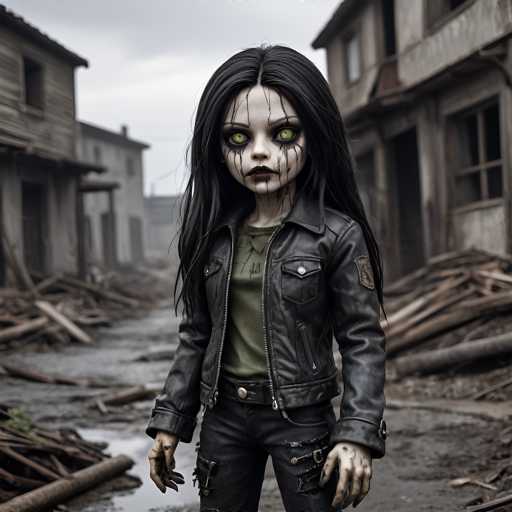 The image shows a doll with long black hair and dark makeup standing in front of dilapidated buildings on the street. The doll is wearing a leather jacket and has a serious expression on her face.