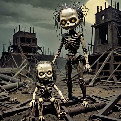 The image depicts two skeletal figures standing on a pile of rubble and debris. The figure on the left is smaller than the one on the right, both appearing as if they have been abandoned in this desolate setting. The background features an industrial landscape with buildings and structures that appear to be in disrepair or destroyed.