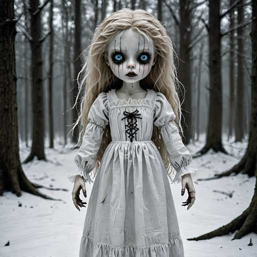 A creepy doll with blue eyes and white hair is standing in a snowy forest surrounded by trees. The doll has a white dress and black lace collar, giving it an eerie appearance.