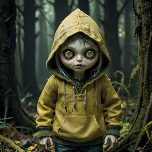 A creepy doll with white hair and a yellow hood stands in front of a tree in a forest setting. The doll is wearing a green shirt and blue jeans.