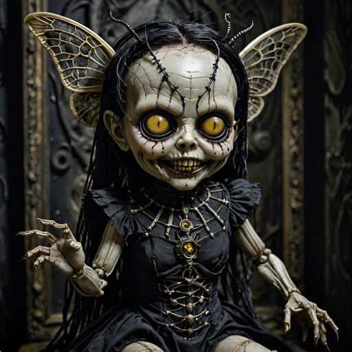 A creepy doll with black hair and yellow eyes is sitting on a pedestal against a dark background. The doll has a black dress and gold jewelry around its neck and head.