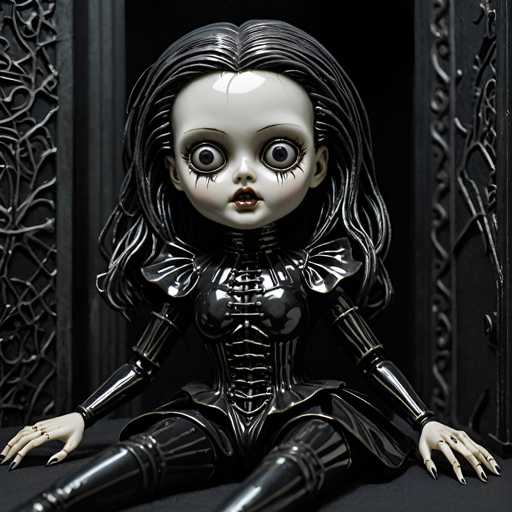 The image shows a doll with black hair and large eyes sitting on the ground. The doll is wearing a corset and boots, giving it an eerie appearance. The doll's face has a creepy expression, adding to its unsettling look. The doll is positioned in front of a dark background that includes a door and a window, suggesting an indoor setting or a room with limited natural light.
The doll appears to be the main subject of the image, occupying most of the frame.