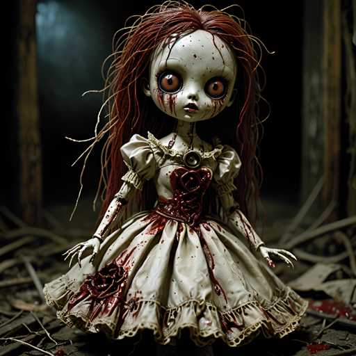 A creepy doll with red hair and a white dress is standing on a pile of debris in an abandoned building. The doll's face is twisted in a creepy expression, and it has blood stains on its dress.