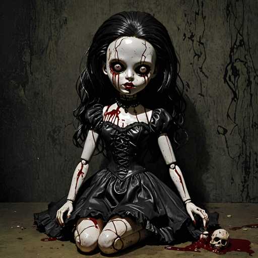 A creepy doll with black hair and a gothic dress is sitting on the ground, surrounded by red paint splatters. The doll's face is twisted in a disturbing expression, and it appears to be in distress or pain.