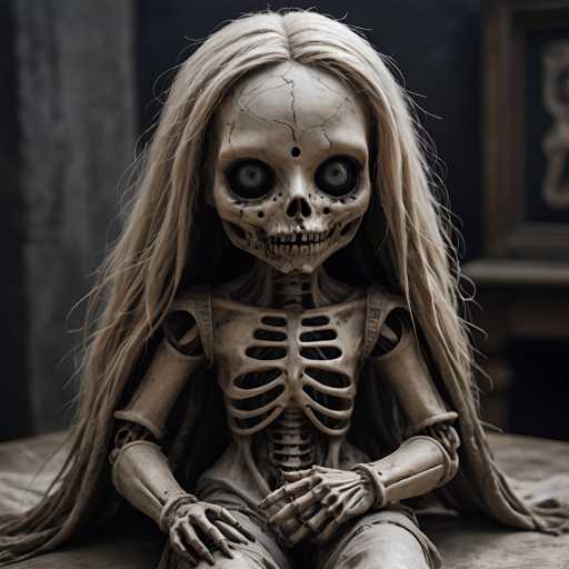 A creepy doll with blonde hair and a skull face is sitting on a wooden table. The doll's arms and legs are extended outwards, giving the impression of it being ready to jump off the table at any moment.