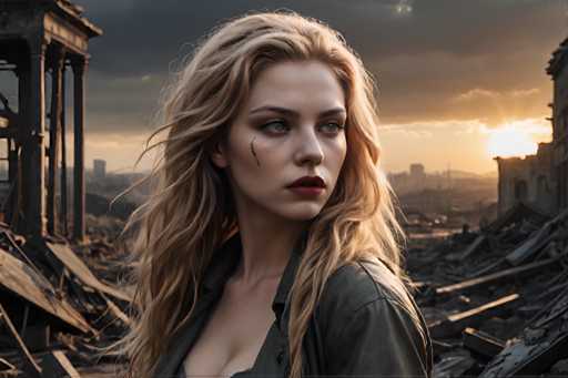 A woman with blonde hair and red lipstick is standing in front of a cityscape at sunset. She is dressed in a black jacket and has makeup on her face. The background shows buildings that have been reduced to rubble due to an explosion or natural disaster.