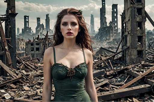 A woman with long red hair is standing in a field surrounded by rubble and debris from a war-torn city. She is wearing a green dress that contrasts with the surrounding destruction. The image has a dark and moody atmosphere, with the woman as the central figure against an urban backdrop of buildings and rubble.