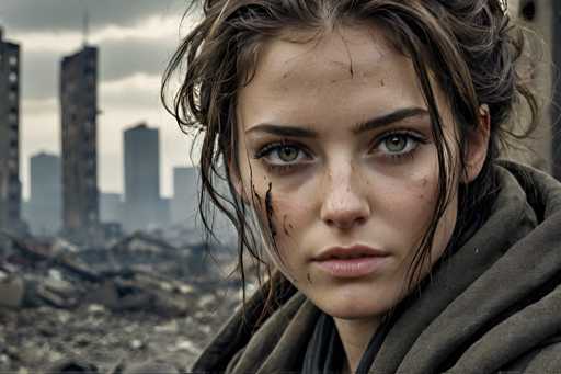 The image shows a young woman with long brown hair and green eyes looking directly at the camera. She is wearing a brown hoodie over her shoulders and has dirt smudges on her face. The background features an urban landscape of buildings and rubble, suggesting that she might be in a post-apocalyptic setting or a war zone.
