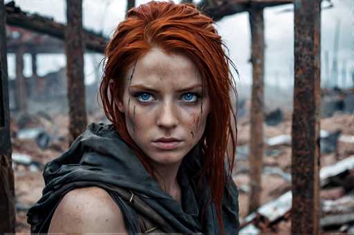 A woman with red hair and blue eyes is standing in front of a dilapidated building, wearing a black hoodie and holding a gun.