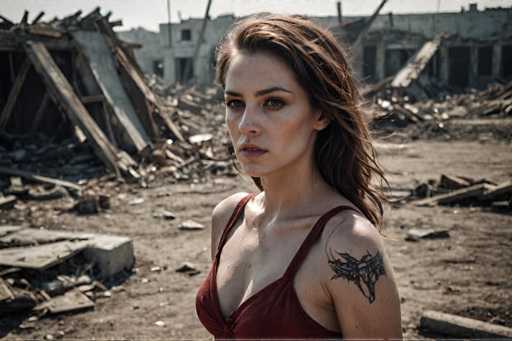 A woman with long brown hair and a tattoo on her left arm stands in front of a pile of rubble and debris, wearing a red dress that contrasts with the surroundings.