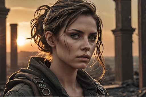 The image shows a woman with long brown hair wearing a black jacket and carrying a backpack. She is looking off into the distance, possibly at sunset or sunrise. The background features several columns and pillars, suggesting an architectural setting.