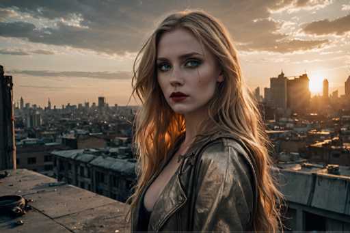 A woman with blonde hair and red lipstick is standing on a rooftop at sunset, wearing a black leather jacket over a black top. The city skyline forms the backdrop of the image.