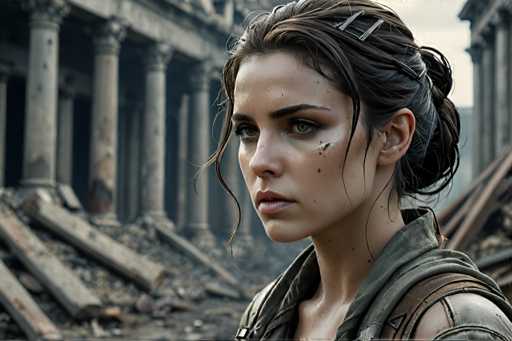 A woman with dark hair and a green jacket stands in front of an old building, her gaze directed off to the side.