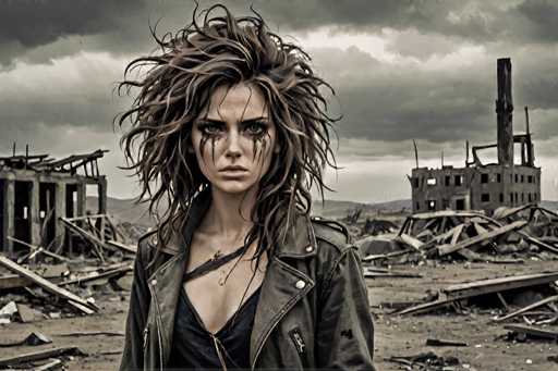 A woman with long brown hair and a black leather jacket stands in front of a dilapidated building surrounded by rubble.