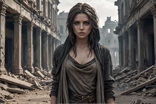 The image shows an actress standing in a dilapidated city street surrounded by rubble and debris. The actress is wearing a brown coat and has her hair styled in loose waves.