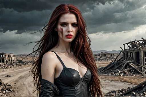 A woman with long red hair and a black leather outfit stands in front of a dilapidated building on a dirt road, holding a blood-soaked cloth over her head as she gazes directly at the camera.