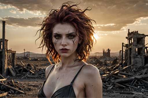 A woman with red hair and tattoos on her face stands in a desolate landscape of rubble and debris, wearing a black swimsuit that contrasts with the surrounding ruins.