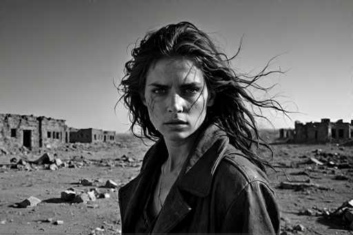 A woman with long dark hair is standing in a desert-like setting, wearing a black leather jacket and looking directly at the camera.
