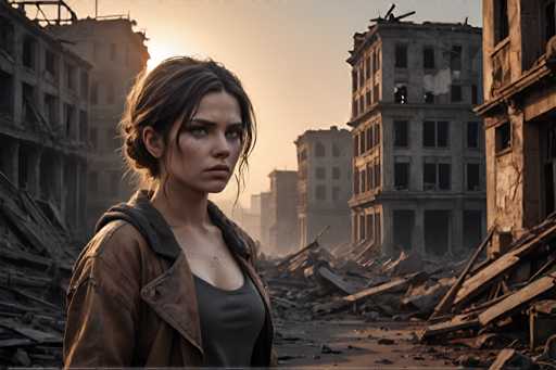 The image shows a woman standing in front of a cityscape with buildings that appear to be in ruins. The woman is wearing a brown leather jacket and has her hair styled in an updo. She looks serious as she gazes off into the distance.