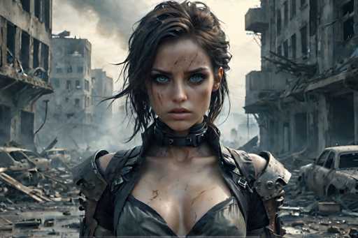 A woman with dark hair and a black outfit stands in front of a cityscape filled with rubble and debris. The background is a chaotic scene of buildings in disrepair and smoke billowing from the sky.