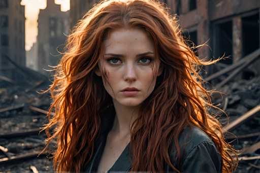 A woman with long red hair and freckles is standing in front of a pile of rubble, looking directly at the camera with an intense expression on her face.