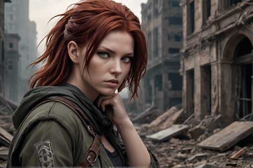 A woman with red hair and a green jacket stands in front of a dilapidated building surrounded by rubble.