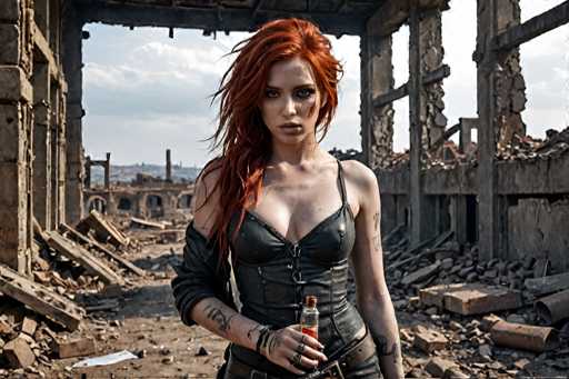 A woman with red hair and tattoos stands in a dilapidated building, holding an orange soda bottle.