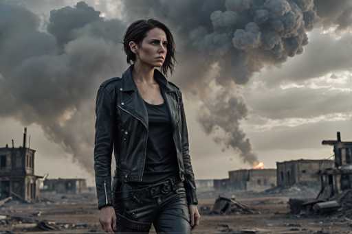 A woman stands in front of a backdrop of rubble and smoke, wearing a black leather jacket and pants with silver studs on her legs.