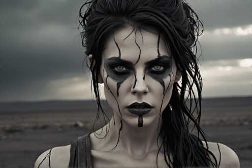 The image shows a woman with long dark hair and makeup that includes black eyeliner and lipstick. She is standing against the backdrop of a desert landscape under an overcast sky. The photo has a grainy texture and a sepia tone, giving it a vintage feel.