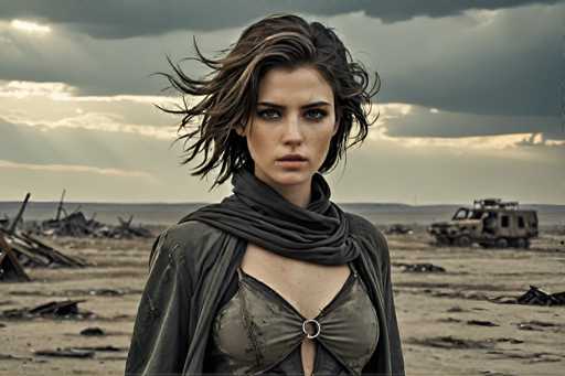 A woman with long brown hair is standing in a desert-like setting, wearing a black dress and a scarf around her neck. In the background, there's an abandoned vehicle and a large truck.