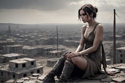 A woman is sitting on top of a stone wall with her legs crossed and looking out over a cityscape. She is wearing a brown dress and boots.