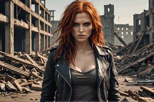 A woman with red hair and a leather jacket stands in front of an abandoned building, her gaze directed towards the camera.