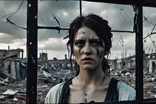 The image shows a woman with dark hair and makeup, dressed in black clothing, standing in front of a window that is slightly open. The background reveals an urban landscape filled with rubble and debris, suggesting the scene may be from a post-apocalyptic or war-torn area.