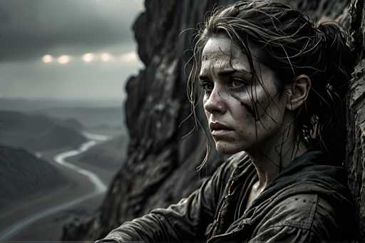 A woman with dark hair and a black jacket is leaning against a rock face on the side of a mountain. The background shows a valley below and a river flowing through it.