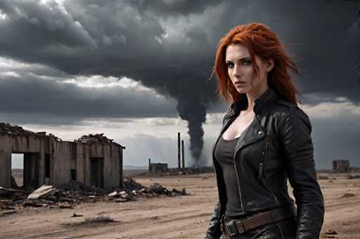 A woman with red hair and a black leather jacket stands in front of a dilapidated building on a desert plain under a dark sky filled with smoke from a nearby factory or power plant.