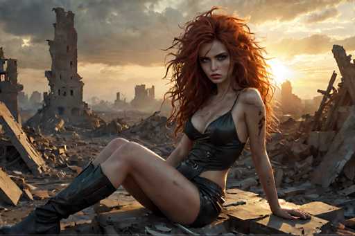 A woman with red hair is sitting on a pile of rubble and debris in the foreground of an image that also features ruins and buildings in the background.