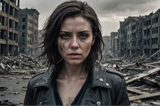 A woman with long brown hair is standing in a war-torn city surrounded by rubble and debris. She is wearing a black leather jacket and has bruises on her face. The background shows buildings that have been reduced to rubble due to the destruction of the city.