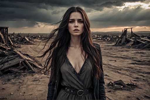 A woman with long brown hair stands in a desert-like setting, wearing a black dress and leather jacket. The sky above is filled with clouds, creating an atmospheric backdrop for the scene.