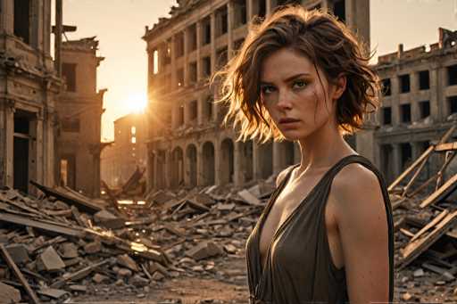 A woman with short brown hair and a green dress stands in front of an abandoned cityscape at sunset. The buildings surrounding her are in disrepair, with rubble scattered around the area.