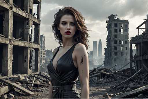 A woman with long brown hair and a red lipstick stands in front of a pile of rubble and debris, wearing a black dress that contrasts with the surroundings.